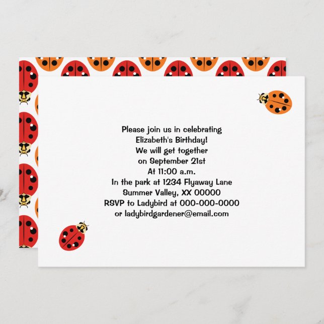 Ladybug Beetles in Orange and Red Personalised Invitation (Front/Back)