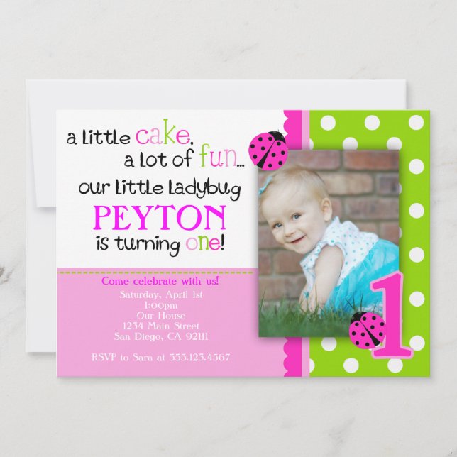 Ladybug Birthday Invitation Hot Pink Lime green (Front)