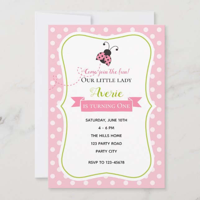 Ladybug Birthday Invitations (Pink Green) (Front)