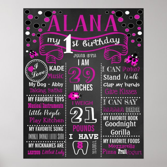 Ladybug Birthday Party chalkboard sign poster (Front)