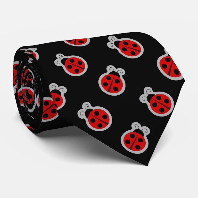Ladybug Black Background Tie (Rolled)