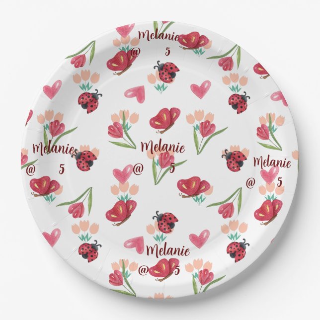 Ladybug, Butterfly and Tulip Heart Pattern Paper Plate (Front)