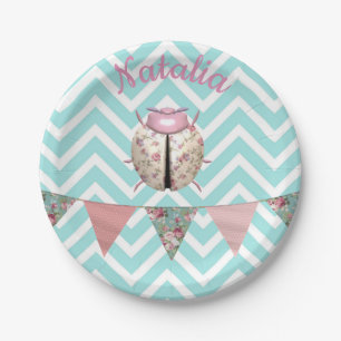 Ladybug chevron floral cute pink blue white buntin paper plate