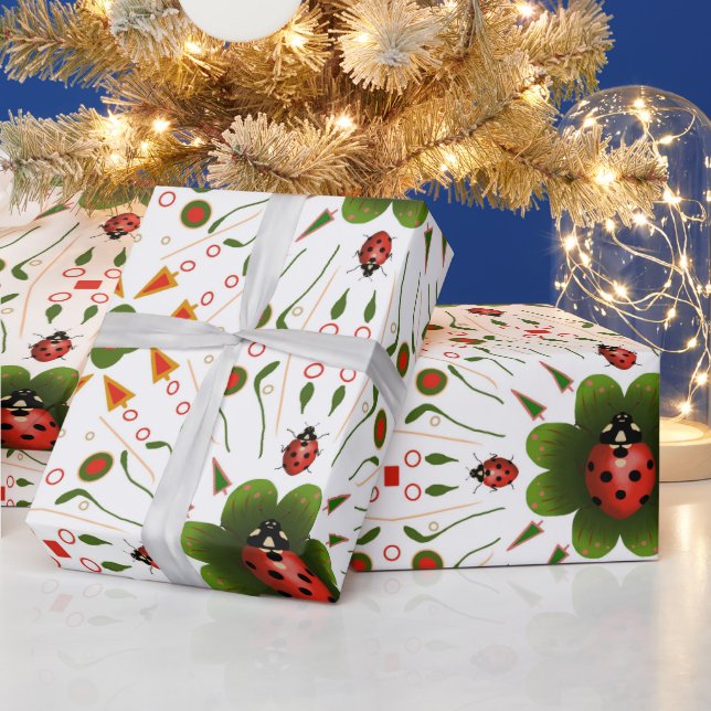 Ladybug Christmas Birthday Red White Green Wrapping Paper (Holidays)