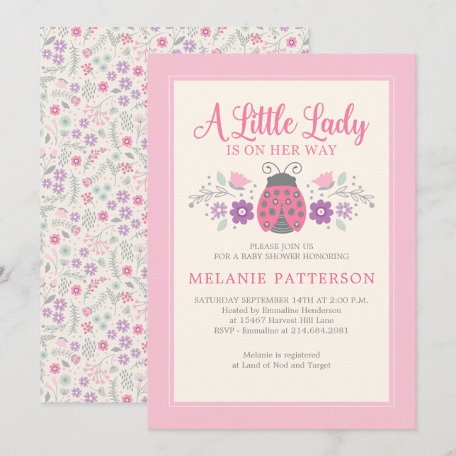 Ladybug Cute Pink Floral Girl Baby Shower Invitation (Front/Back)