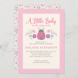 Ladybug Cute Pink Floral Girl Baby Shower Invitation