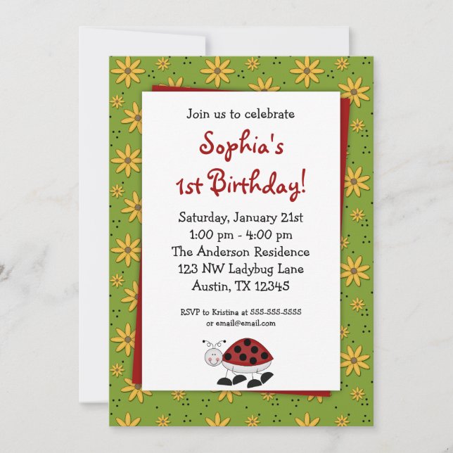 Ladybug Daisies Birthday Party Invitations (Front)