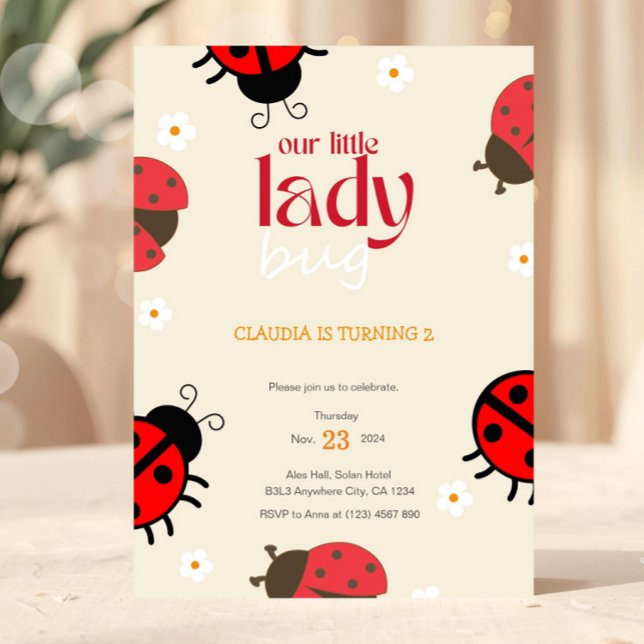 Ladybug Daisy Birthday Invitation Little Bug Party (Cute Bug Ladybug Birthday Party Invitation)