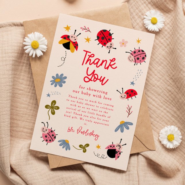 Ladybug Floral Baby Shower Thank You Card (Creator Uploaded)