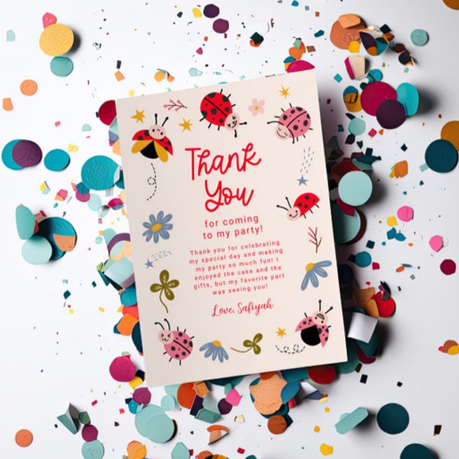 Ladybug Floral Birthday Party Thank You Card (Creator Uploaded)
