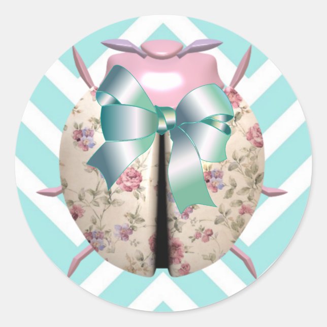 Ladybug  floral pink blue chevron striped classic round sticker (Front)