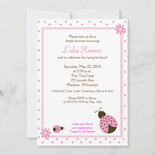 Ladybug Flower Dot 5x7 Bridal Shower Invite (Front)