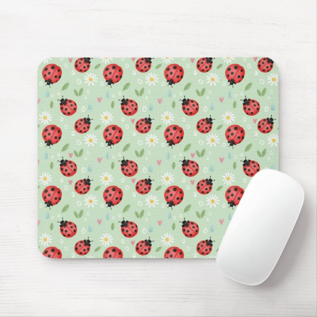 Ladybug Flower Pattern Mouse Mat (With Mouse)