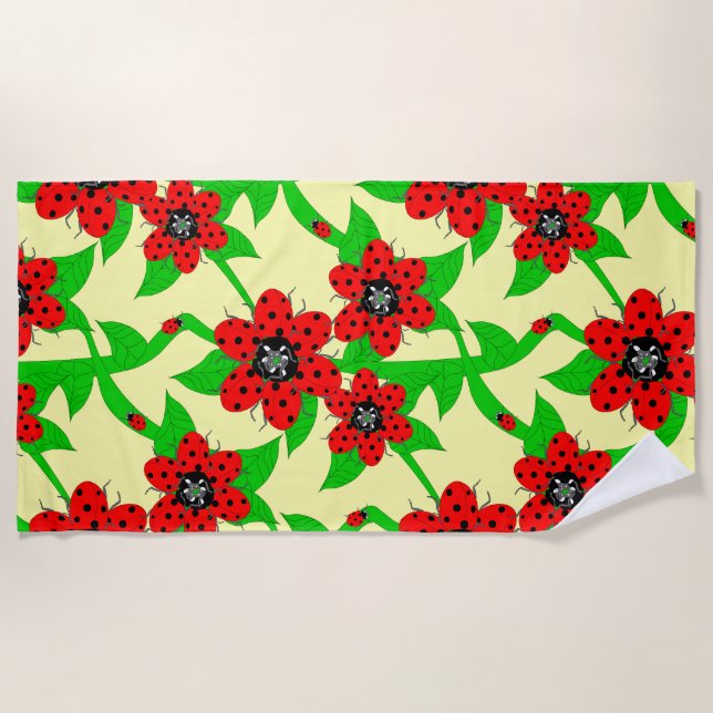 Ladybug Flowers Beach Towel (Front)