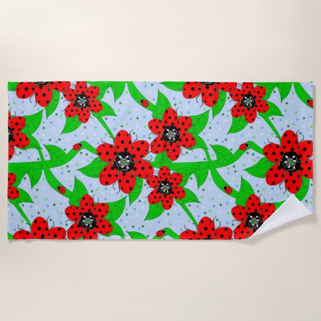 Ladybug Flowers Beach Towel (Front)
