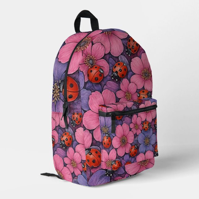 Ladybug Flowers Printed Backpack (Back Corner Left)