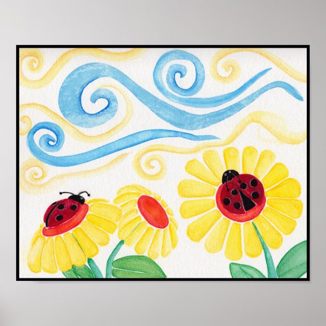 Ladybug & Flowers Watercolor Print (Front)
