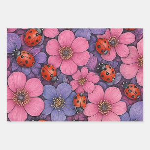 Ladybug Flowers Wrapping Paper Sheet