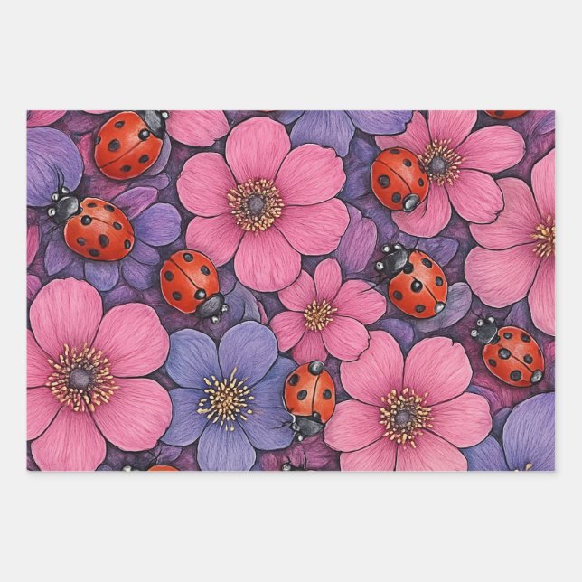 Ladybug Flowers Wrapping Paper Sheet (Front)