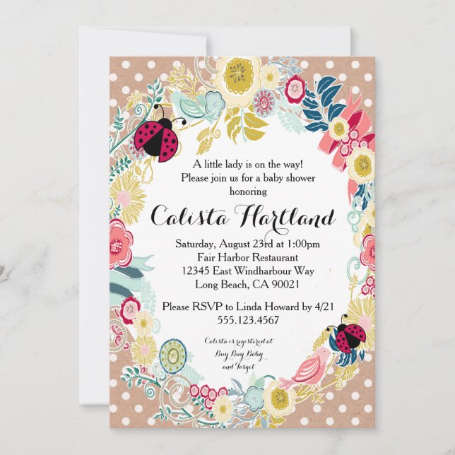 Ladybug girl Baby shower floral invitation (Front)