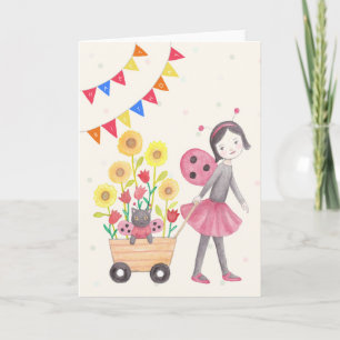 Ladybug Girl & Cat Sunflowers Cute Birthday Card