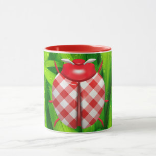 Ladybug grass gingham check cute red white green mug