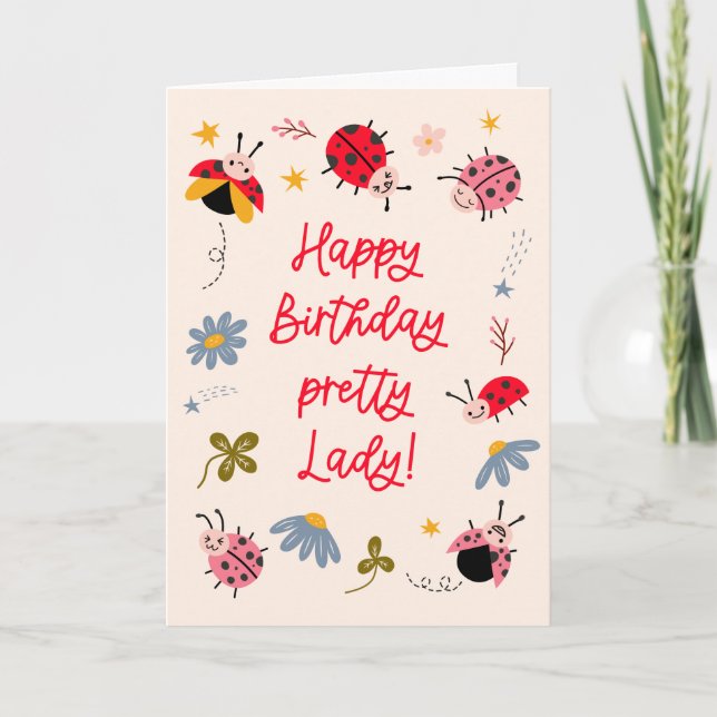 Ladybug Happy Birthday Pretty Lady Holiday Card (Front)