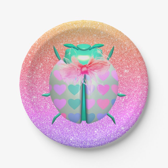 Ladybug heart pattern cute glitter gradient girly paper plate (Front)