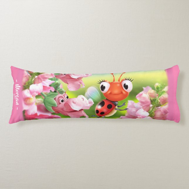 Ladybug in flower garden. Pink Giant custom Body Cushion (Front)