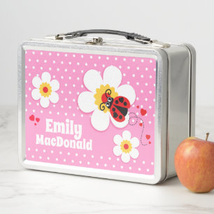 Ladybug ladybird pink red girls name lunch box