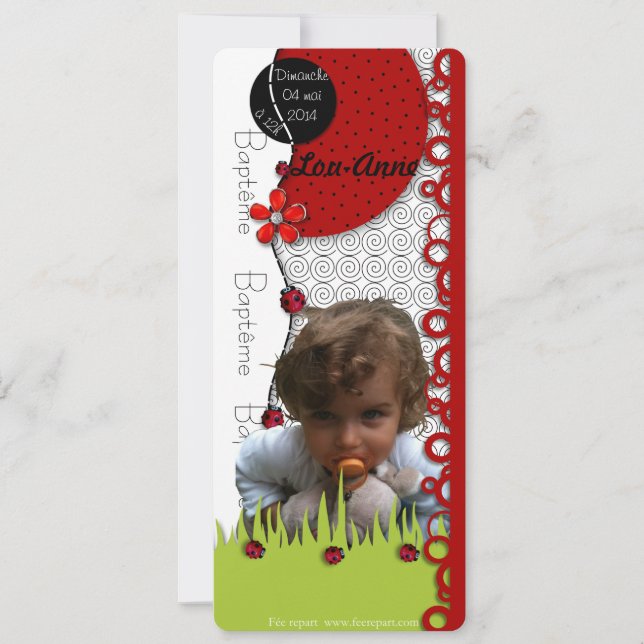 Ladybug Lou-Anne Baptism Announcement with photo (Front)