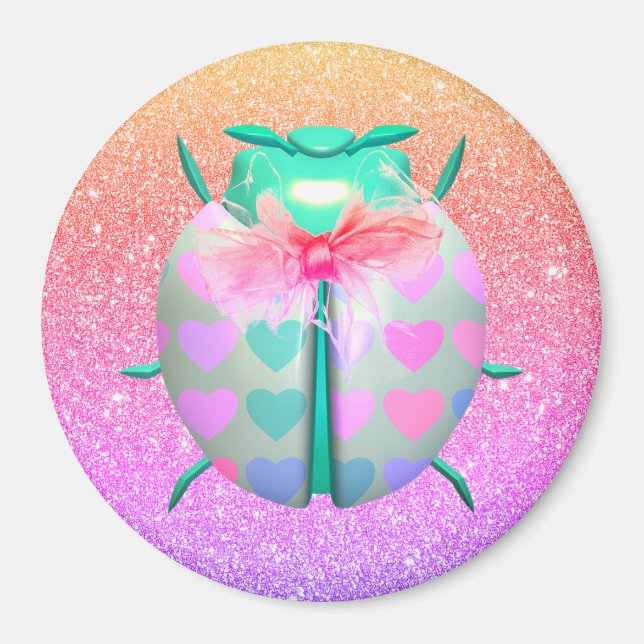 Ladybug lovely hearts cute glitter pink ombre magnet (Front)
