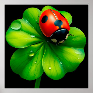 Ladybug on a Dew-Covered Leaf Poster