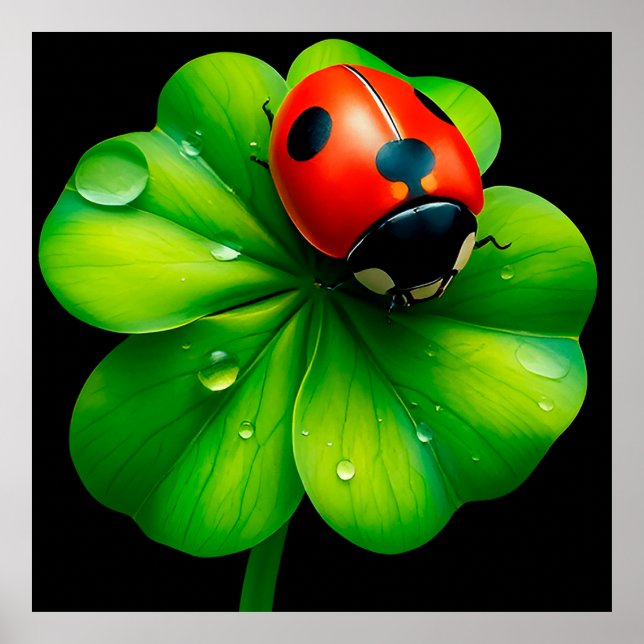 Ladybug on a Dew-Covered Leaf Poster (Front)