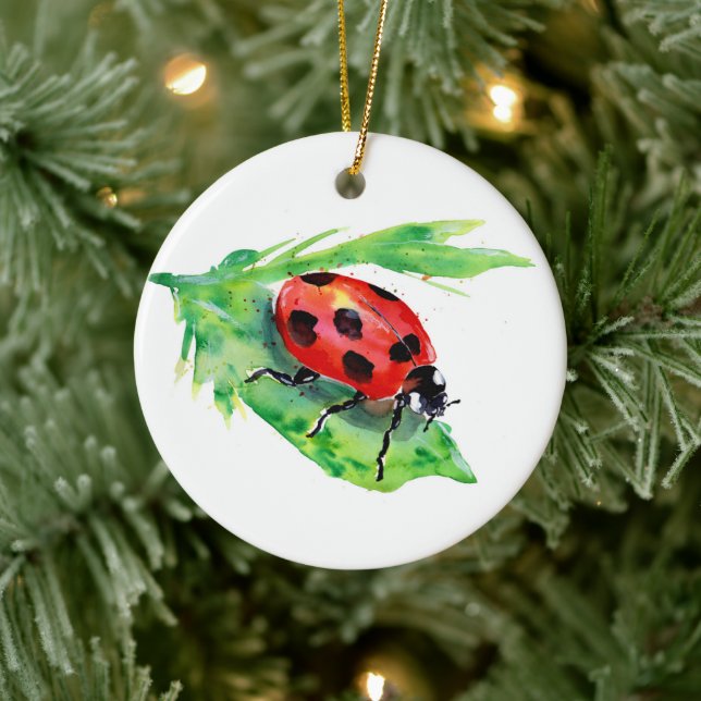 Ladybug on a Green Leaf Ceramic Tree Decoration (Tree)