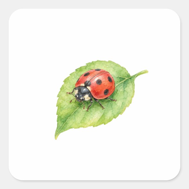 Ladybug on a Green Leaf Square Sticker (Front)