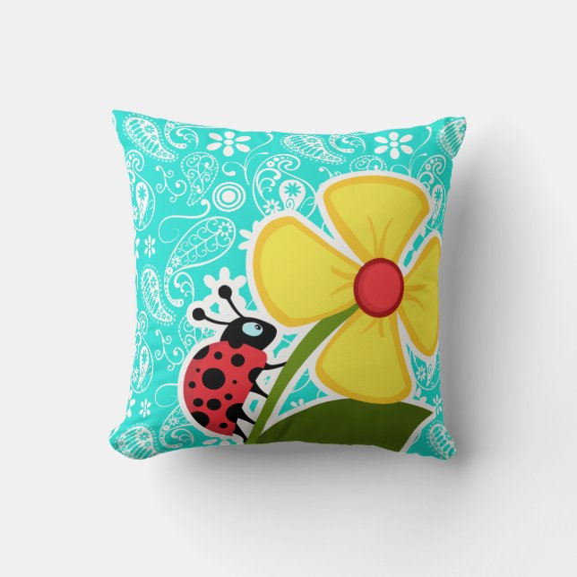 Ladybug on Aqua Colour Paisley; Floral Cushion (Front)