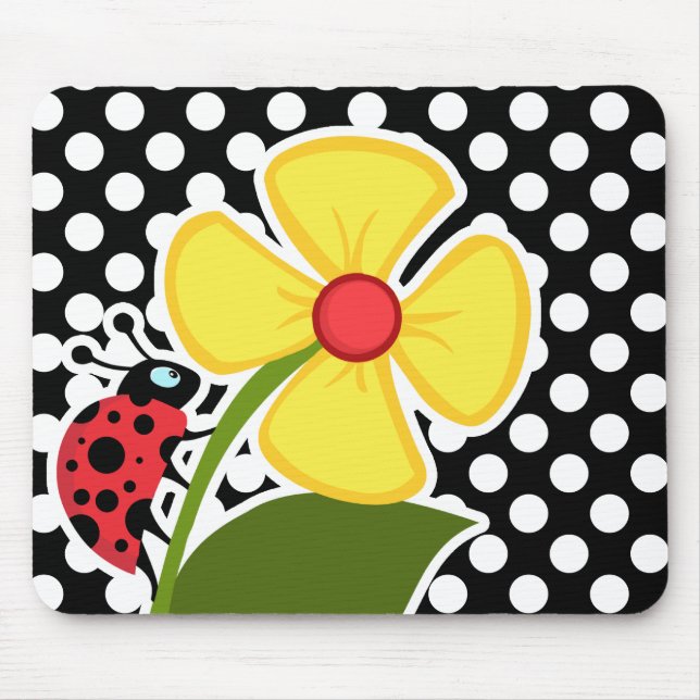 Ladybug on Black and White Polka Dots Mouse Mat (Front)