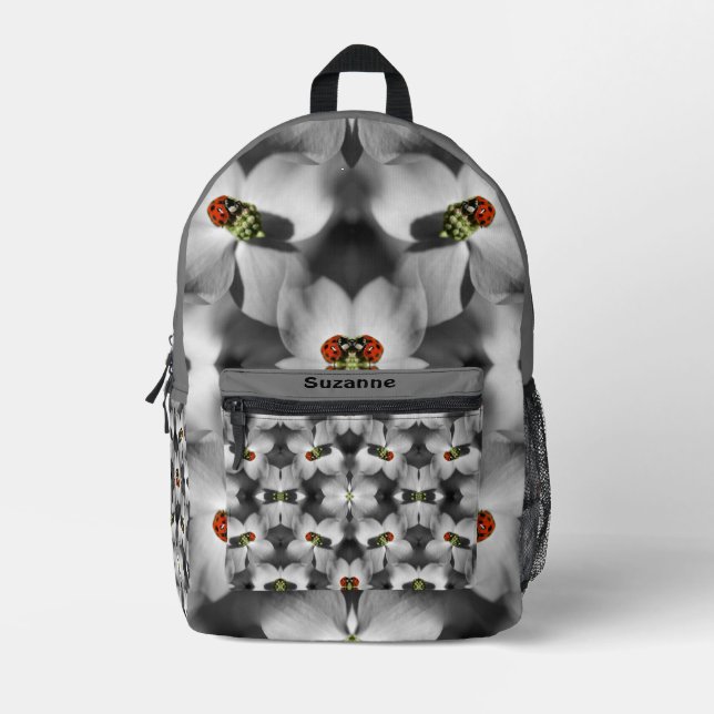 Ladybug On Dogwood Flower Abstract Personalised Printed Backpack (Front)