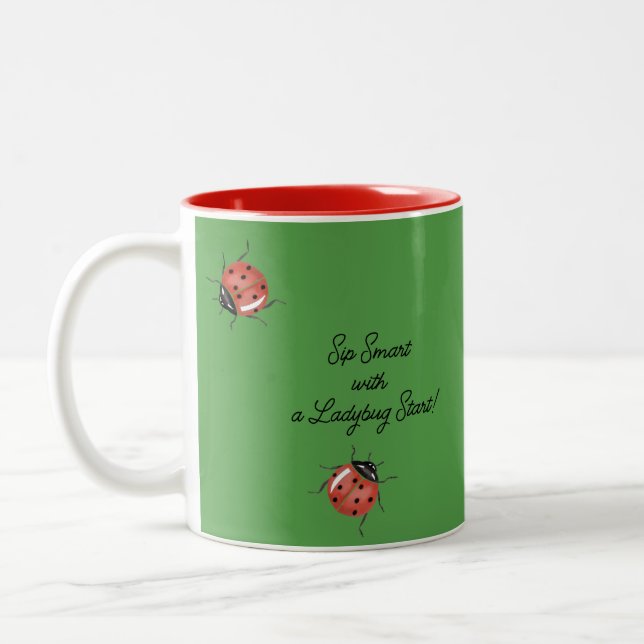 Ladybug on green personalised Two-Tone coffee mug (Left)