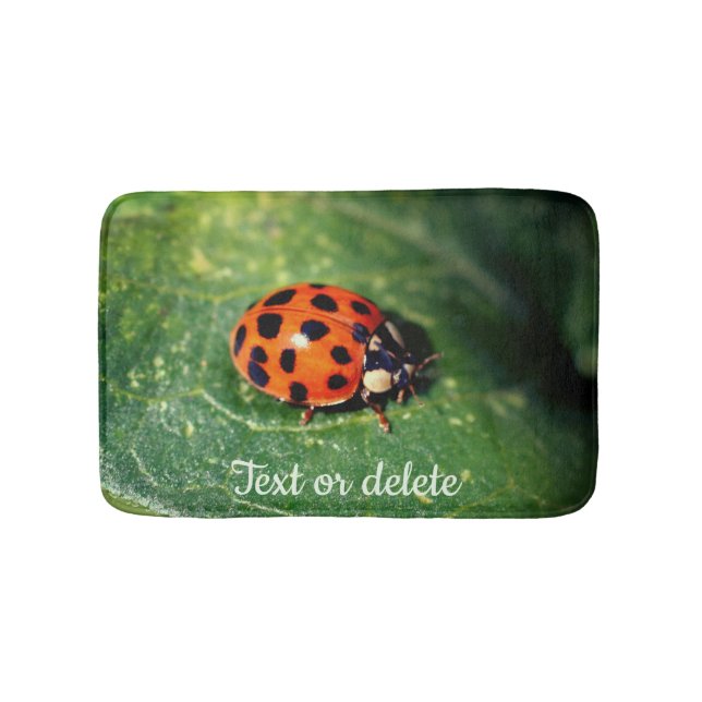 Ladybug On Leaf Close Up Personalised Bath Mat (Front)