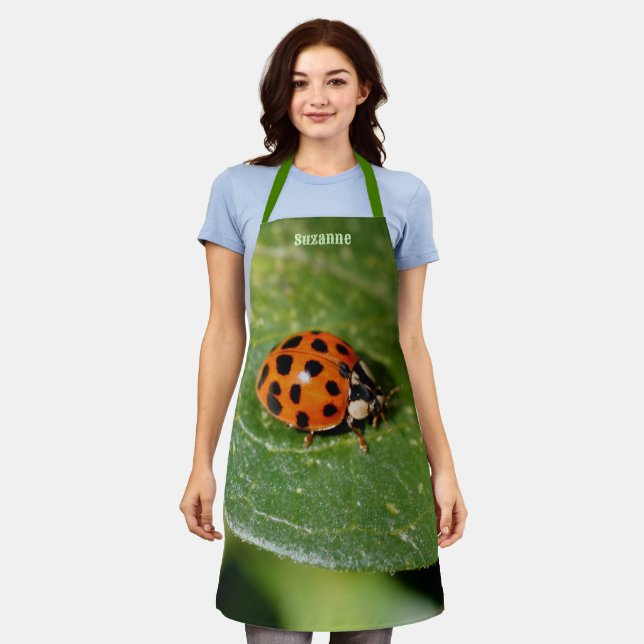Ladybug On Leaf Personalised Apron (Worn)