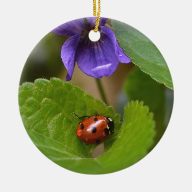 Ladybug on Sweet Violet Flowers Ceramic Tree Decoration (Front)
