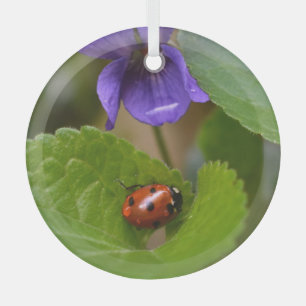 Ladybug on Sweet Violet Flowers Glass Tree Decoration