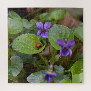 Ladybug on Sweet Violet Flowers Jigsaw Puzzle