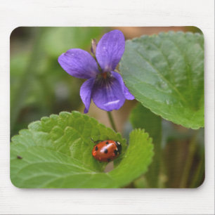 Ladybug on Sweet Violet Flowers Mouse Mat