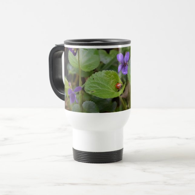 Ladybug on Sweet Violet Flowers Travel Mug (Front Left)