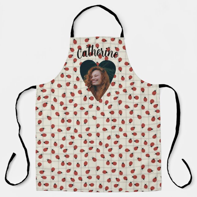 Ladybug Pattern Custom Photo & Name on Cream White Apron (Front)