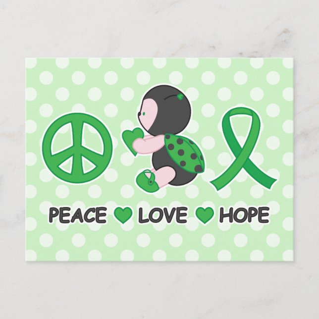 Ladybug Peace Love Hope Green Awareness Ribbon Postcard (Front)