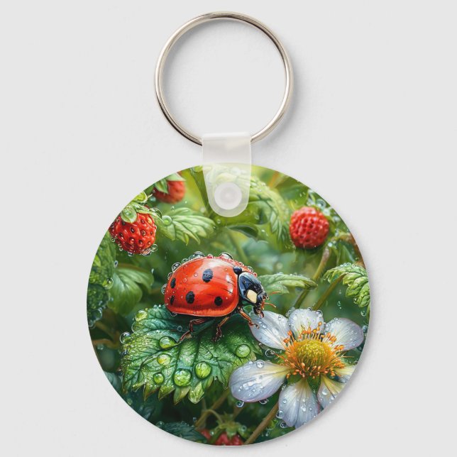 Ladybug Perched on Dew-Covered Strawberry Plant Key Ring (Front)
